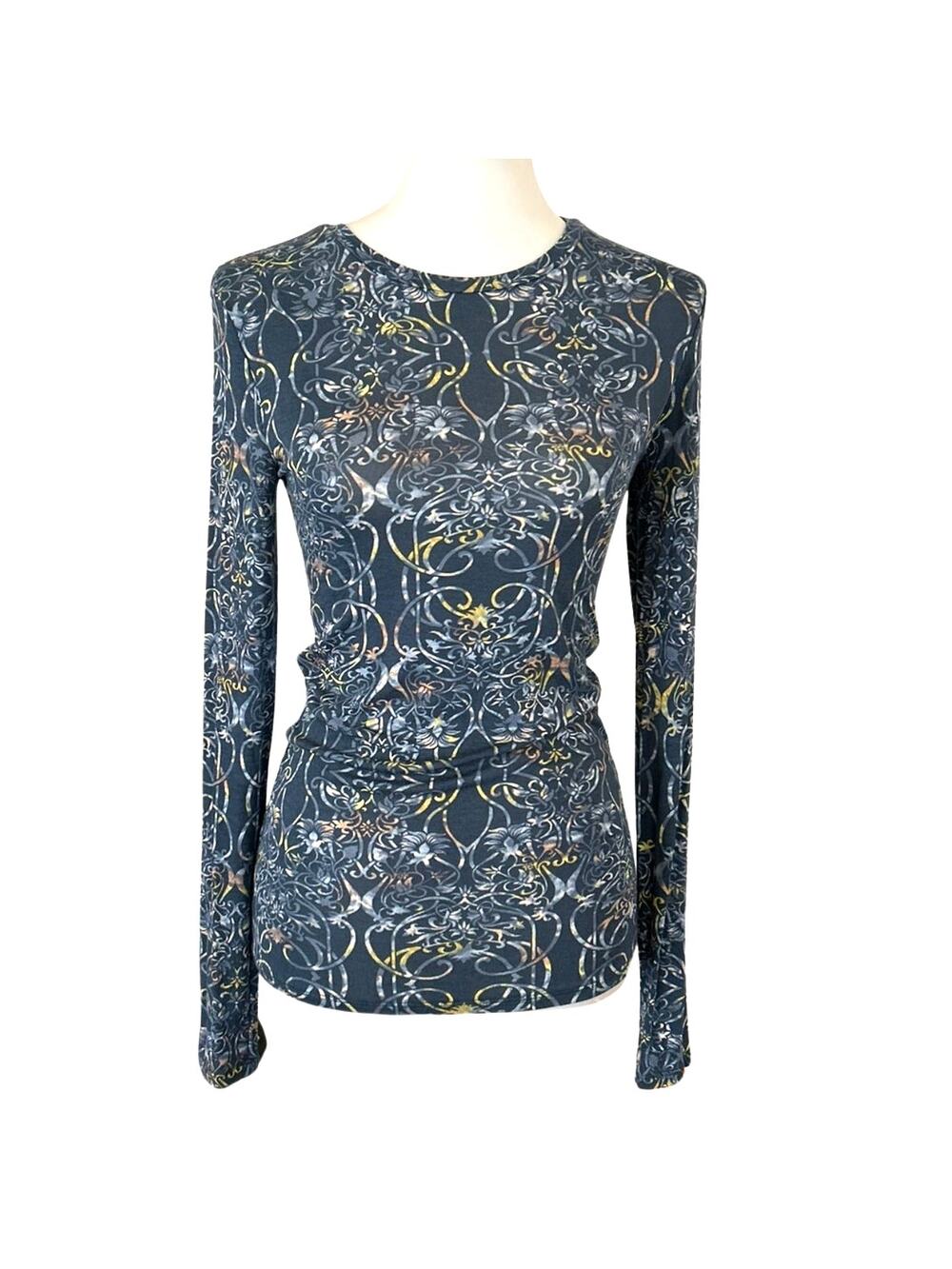BCBGMAXAZRIA Printed Long-Sleeve Top – Midnight Teal, Size S, NWT